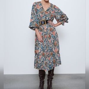 Zara Paisley Printed Long Sleeves Ruffle Midi Dress Size Medium